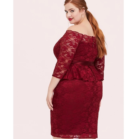 TORRID size 28 DARK RED LACE OFF SHOULDER PEPLUM DRESS - Picture 3 of 5